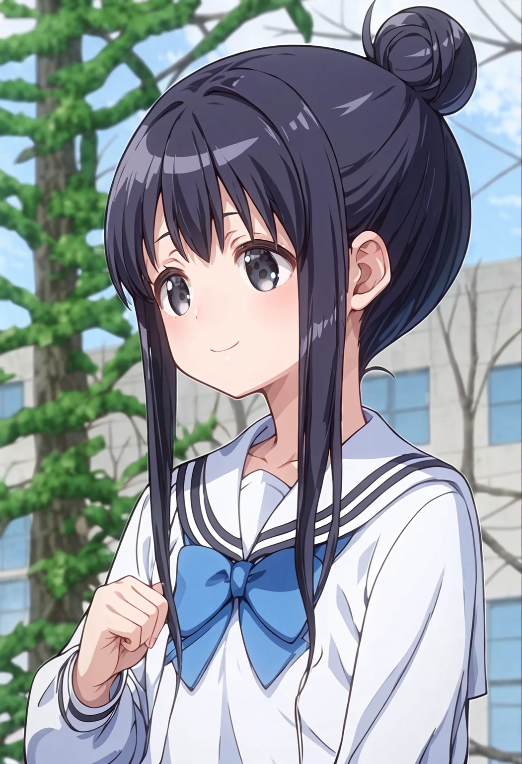 score_9, score_8_up, score_7_up, source_anime, <lora:lowres_concept_ponyXL_v1:-0.3>
BREAK,
<lora:annaka_moe_PonyXL_v1-000015:1> annaka moe, single hair bun, long hair, black hair, black eyes,
1girl, solo,
smile, pupils sparkling,
blush ,
pale coral sailor shirt, hazel ribbon pink __bottoms__ ,
upper body, looking afar, From a Distance, motercycle , Bus Lane bokeh, depth of field,