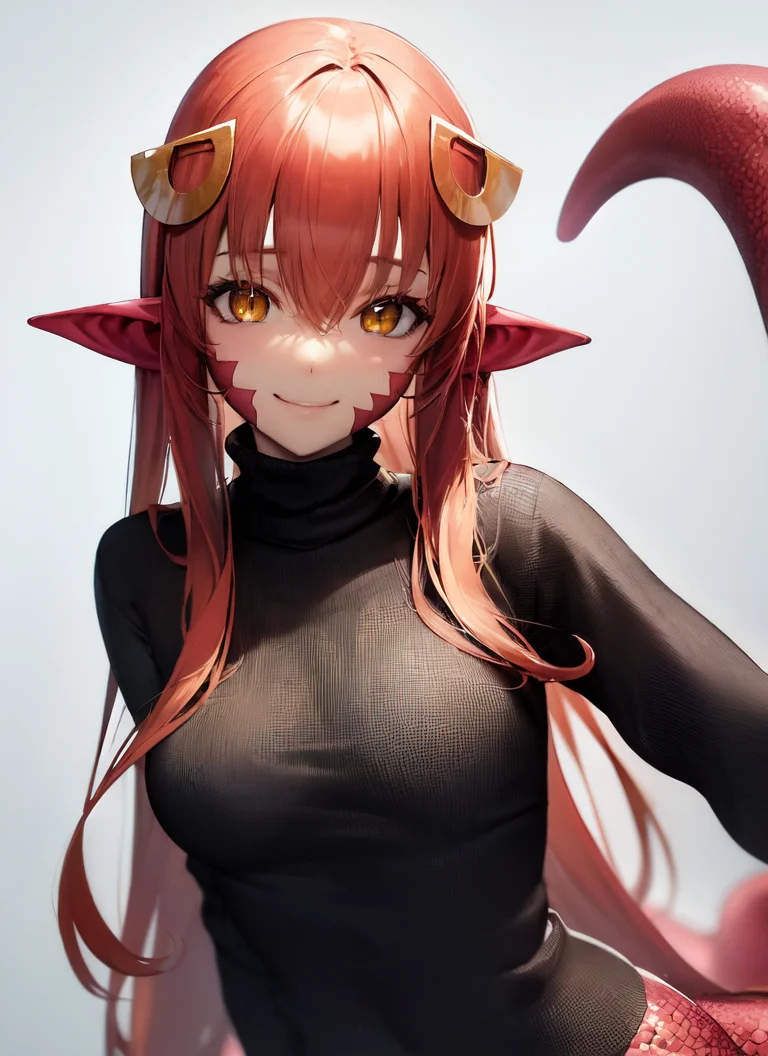 masterpiece, best quality, miia, facial mark, 1girl, solo, smile, ribbed sweater, portrait, upper body, white background <lora:Miia (Monster Musume):1>
