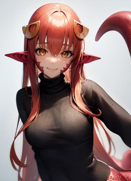 masterpiece, best quality, miia, facial mark, 1girl, solo, smile, ribbed sweater, portrait, upper body, white background <lora:Miia (Monster Musume):1>