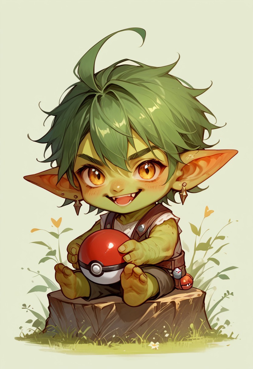 score_9, score_8_up, score_7_up, source_anime, solo, goblin happy, sitting next to a large pokeball, (green skin tone, chibi body:1.3), simple background, (detailed image, high resolution, 5k resolution:1.0), (chibi art style:1.1)