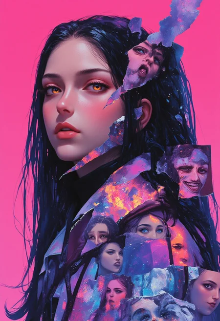 This high-quality digital artwork by artist Mitsuki features a striking, surreal composition that immediately captivates the viewer. At the center is a woman's face, her glowing orange eyes set against a bold magenta background. Surrounding her are multiple fragmented faces, each with expressive emotional features ranging from sadness to anger. These overlapping faces create a haunting, collage-like effect, adding complexity and intrigue. The woman's long, straight black hair cascades down, contrasting sharply with the vibrant background, enhancing her ethereal presence. The smaller faces are painted in deep purples and blues, amplifying the eerie atmosphere and emotional depth. Bright, neon-like colors and sharp contrasts between foreground and background heighten the surrealism. The composition follows the rule of thirds, with the central woman's face in the top third, drawing the viewer’s attention. The fragmented faces scatter across the frame, creating chaos and visual tension. Artificial lighting intensifies the surreal, otherworldly nature, and the shallow depth of field sharpens the focus on the central face and surrounding figures, while the intense magenta background remains consistent. The overall aesthetic quality is high, with smooth gradients, crisp lines, and a powerful emotional impact, making this a visually stunning piece. (((mythp0rt, velvet_myst, xijie_blue)))