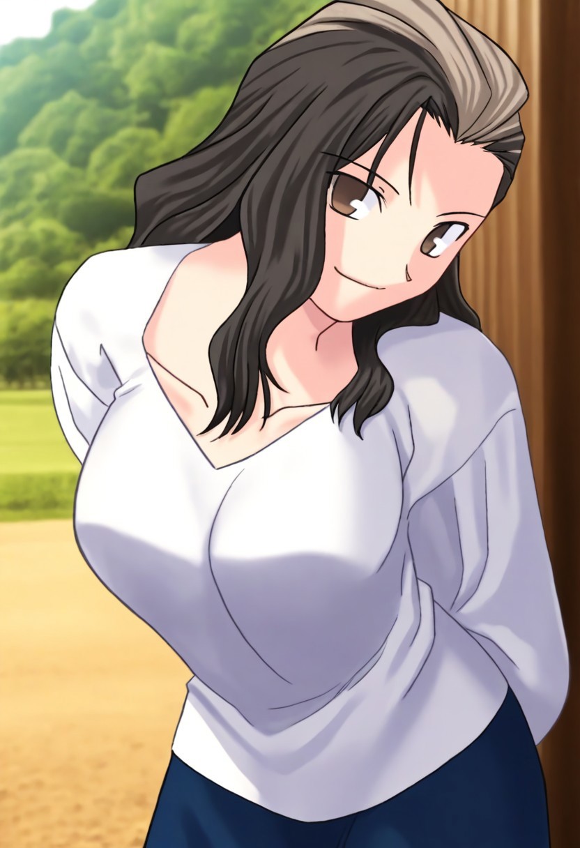 masterpiece, best quality, <lora:Tsukihime NXL:1>,solo,masterpiece, best quality, 
1girl, female focus, large breasts,  solo, brown eyes, thin brown highlights in hair, black hair, thin blonde highlights in hair, long hair,wavy hair, hair part, side part, hair slicked back, small mouth, short nose, small nose, cute face, soft hair,
outdoor, farm, sunny day, head tilt, hands behind back, leaning forward, quarter view,  innocent smile, cheerful feeling, feminine, girlish, cute