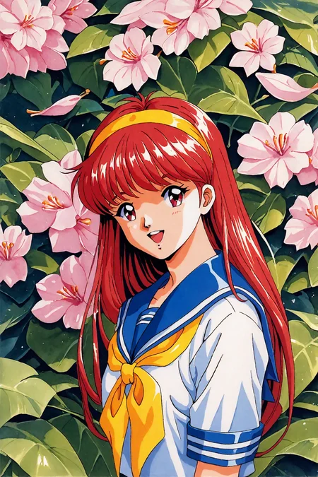 score_9,score_8_up,score_7_up,masterpiece,best quality,very aesthetic,absurdres,official art,official style,
Kokura Masashi Style,
Fujisaki Shiori,1girl,solo,long hair,school uniform,retro artstyle,yellow hairband,1990s (style),red hair,serafuku,bow,sailor collar,yellow bow,blue sailor collar,red eyes,leaf,flower,cherry blossom,upper body,smile,open mouth,traditional media,
<lora:super lora_flyx3_XL_PONY:0.8>,