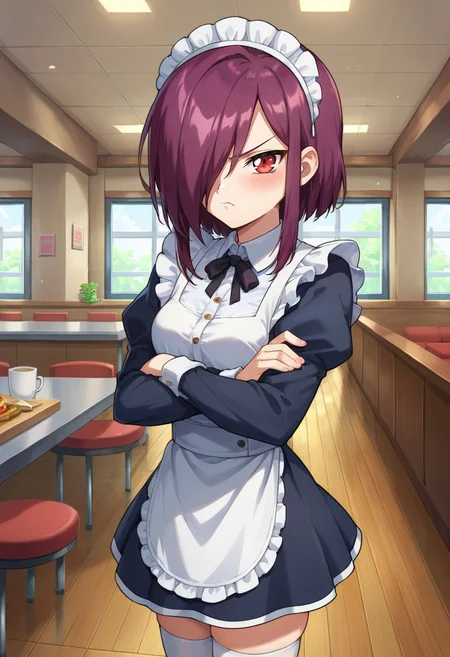 score_9,score_8_up,score_7_up,score_6_up,score_5_up,score_4_up,anime coloring,source_anime,<lora:Pulse_Abel_GaoGaiGar_Pony:0.8>,abel,1girl,solo,red eyes,purple hair,hair over one eye,sidelocks,maid_headdress,maid,miniskirt,thighhighs,blush,angry,disgust,frown,crossed arms,restaurant,looking at viewer,