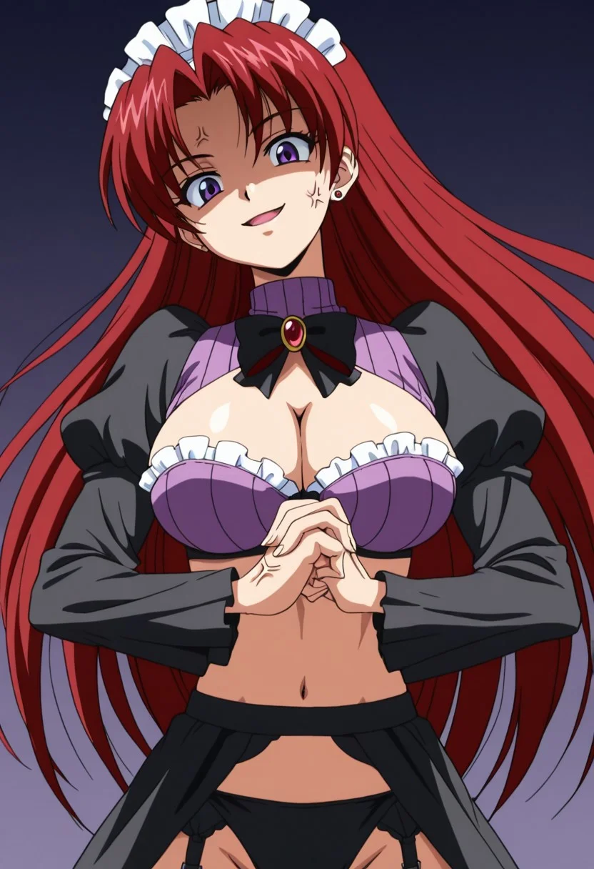 Masterpiece, Best Quality, Amazing Quality,anime coloring,2000s anime style,looking at viewer, 1girl, solo, SudoAi, dark red hair, long hair, purple eyes, large breasts, stud earrings, revealing clothes, maid headdress, black waist cape, strapless bra with white frills, cleavage, midriff, black long puffy frilled sleeves, purple ribbed turtleneck, red and gold oval brooch over red and black neck bow, cleavage cutout, navel, black panties with white frills, black garter belt, black garter frilled straps, thighhighs, anime screencap, <lora:cracking-knuckles-illustriousxl-lora-nochekaiser:1>, cracking knuckles, shaded face, open mouth, looking at viewer, looking down, fist in hand, own hands together, anger vein, false smile,, smile,