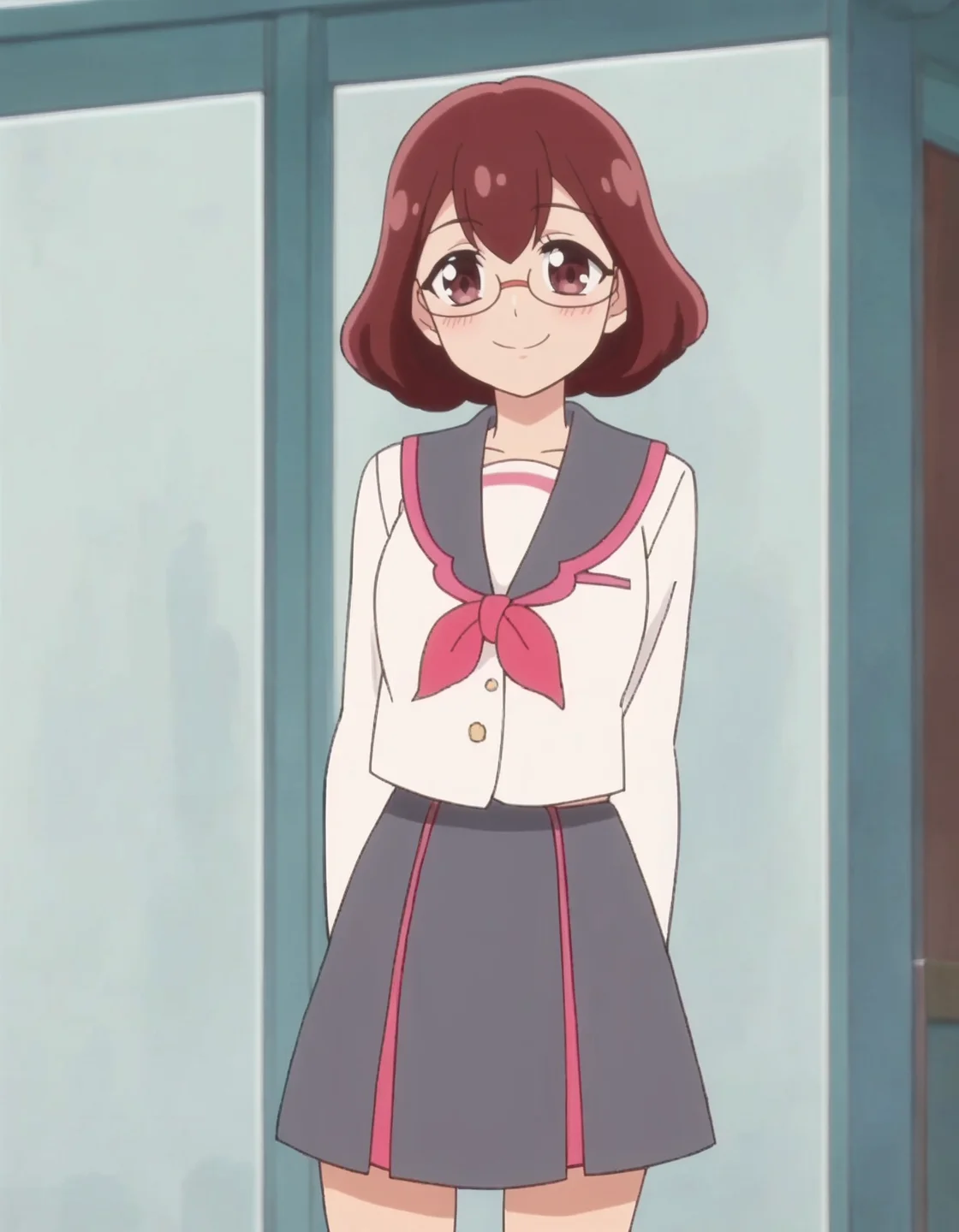 score_9, score_8_up, score_7_up, anime screencap, solo,1girl,higashinakamikoto, glasses, school uniform, smile, serafuku, skirt, neckerchief, sailor collar,looking at viewer,,medium breasts,cowboy shot,blush <lora:higashinakamikoto_pony:0.8>