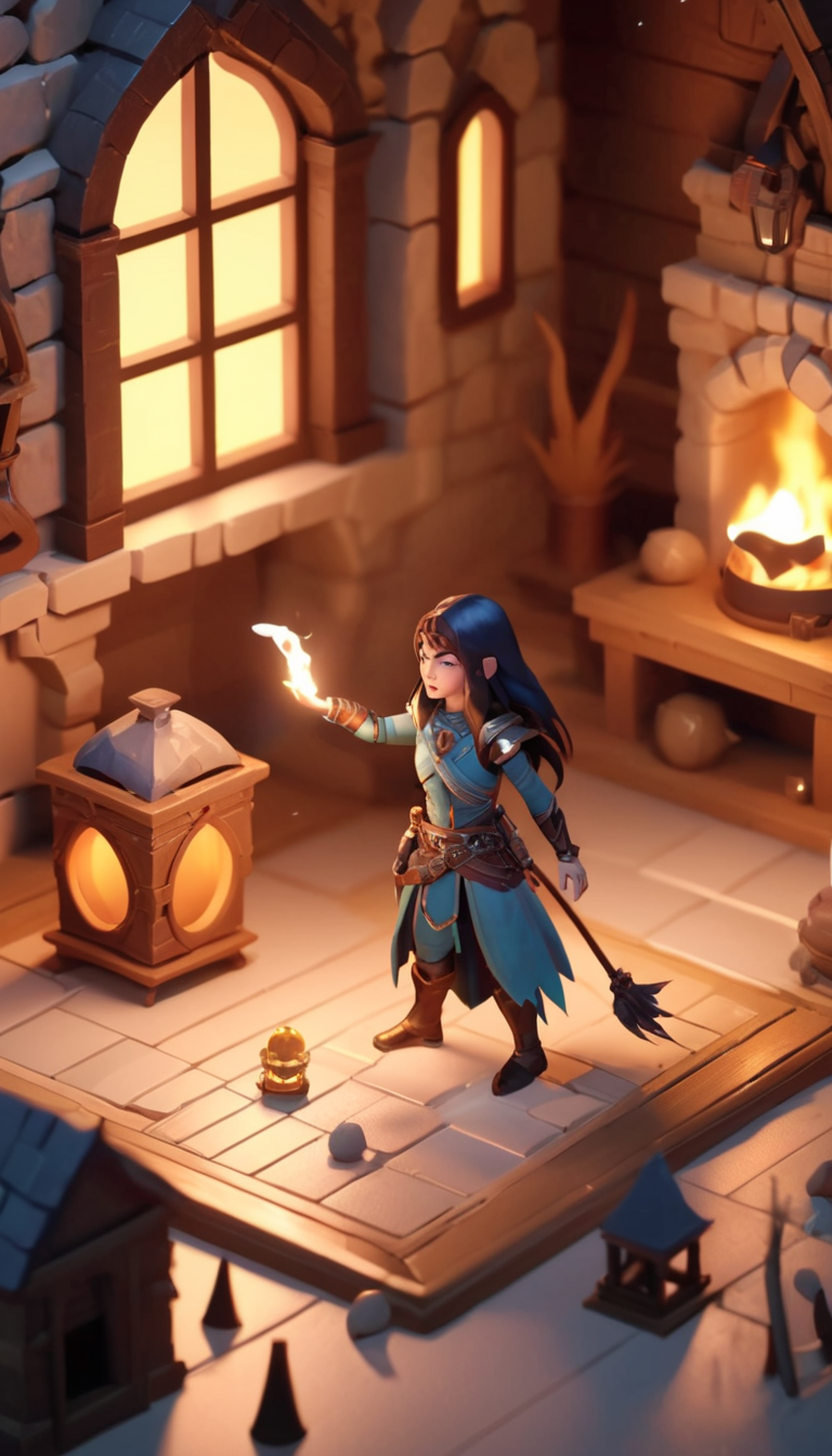 Tiny cute isometric Cinematic scene, hero view, d4s sorceress, action pose, detailed background, masterpiece, best quality, high quality, absurdres <lora:diablo_4_sorceress_xl_v3:1> in a cutaway box, soft smooth lighting, soft colors, 100mm lens, 3d blender render