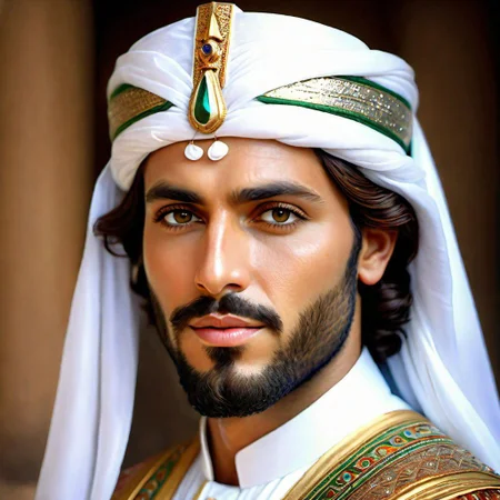 (8k, best quality, masterpiece:1.2) (realistic, photo-realistic:1.4) ultra-detailed, joseph prophet, Yusuf prophet, most beautiful man on earth, eye of god, unbelievable beautifully face, brown thick eyes, white shining skin face, look at viewer, arab persian kings dress, Egyptians king dress, charismatic look
