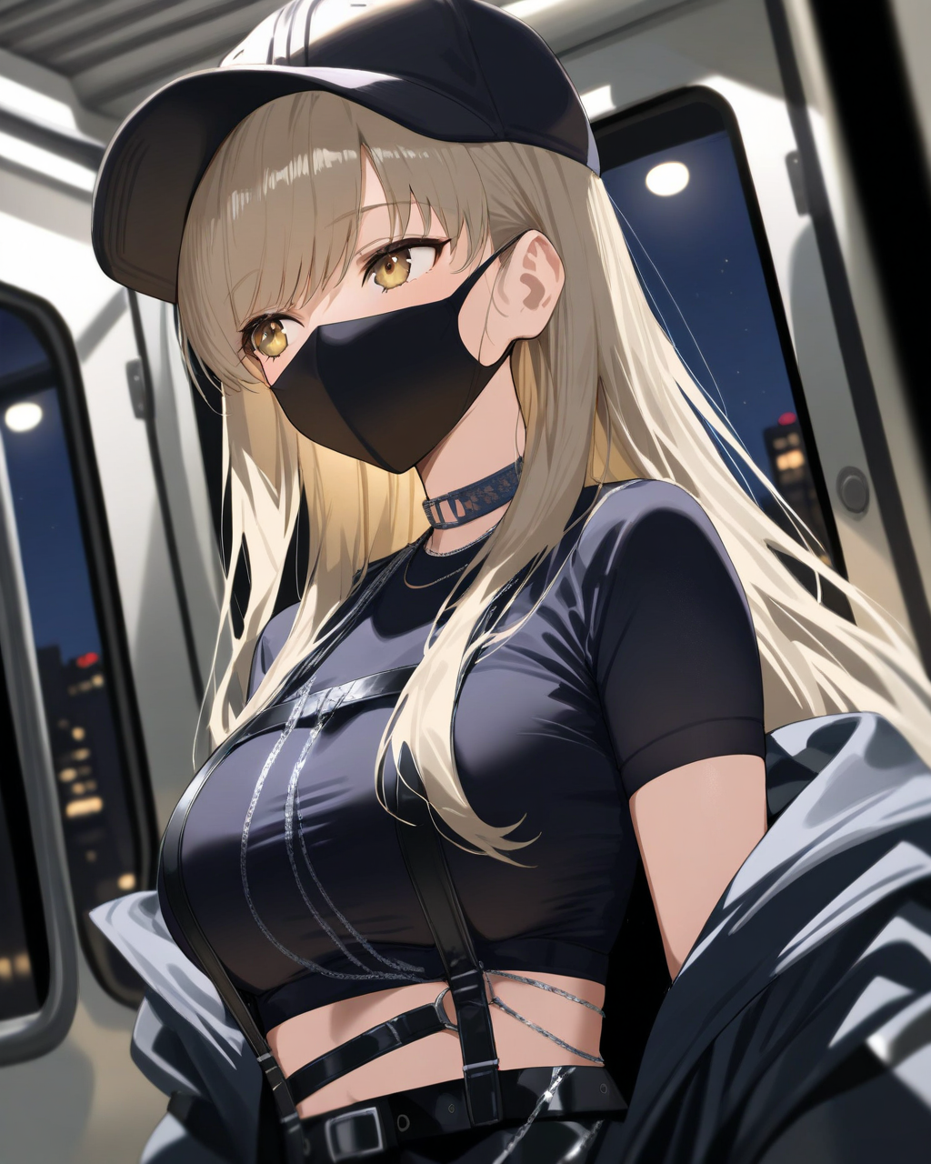 1girl,
SisterClaireNijisanji,
safe, dutch angle, upper body,
long hair, straight hair, baseball cap,
mouth mask,
looking away,
choker, 
black jacket, open jacket, 
black shirt, short sleeves, cropped shirt,
breasts, chest harness,
suspenders, o-ring, chain,
night, in the train,
depth of field,
<lora:kp_SisterClaireNijisanji9thCostumeAnimagineXL_v1_1:1.0>,
masterpiece, high score, great score, absurdres