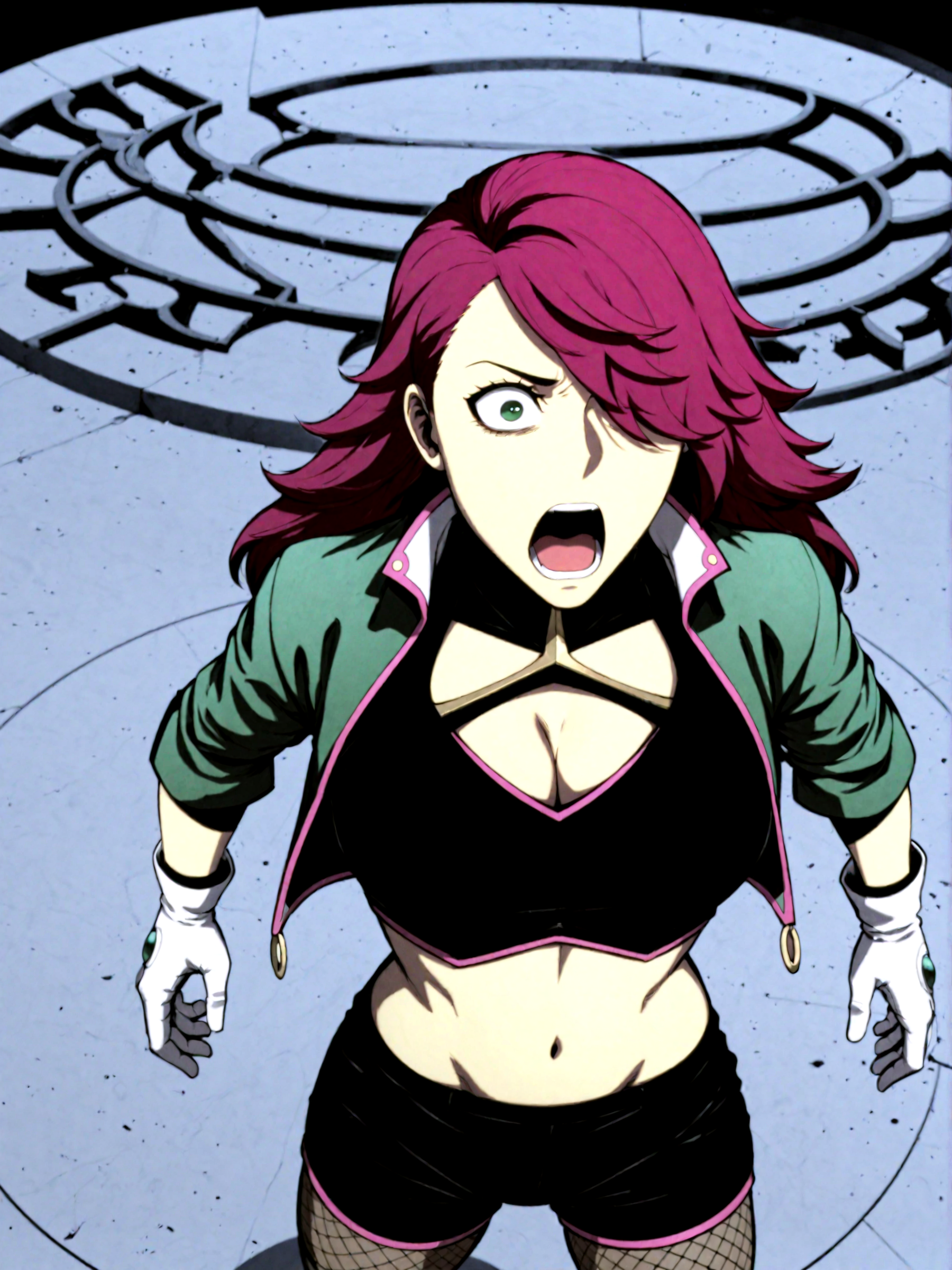 ILXLpos,Beris, 1 girl, solo, green eyes, magenta hair, long hair, voluminous hair, asymmetrical bangs, side swept bangs, hair over one eye,Beris_outfit1, black crop top, cleavage cutout, deep v-neck, open cropped jacket, green jacket, pink trim, exposed midriff, black shorts, fishnet stockings, upper body, white gloves, circular decoration on gloves,from above,screaming,<lora:Beris:0.8>