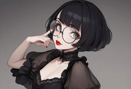 score_9, score_8_up, score_7_up, score_6_up, aeliond , 1girl, Polly, PollyRH, short hair, bobcut, black hair, bangs, green eyes, small breasts, almost flat chest, slim, pale skin, big round eyeglasses, clear eyeglasses lenses, nice round ass, red lipgloss, HD32k, gothic dress,) ((black-white) dress), dark attire, laces, dark creepy background, posing,