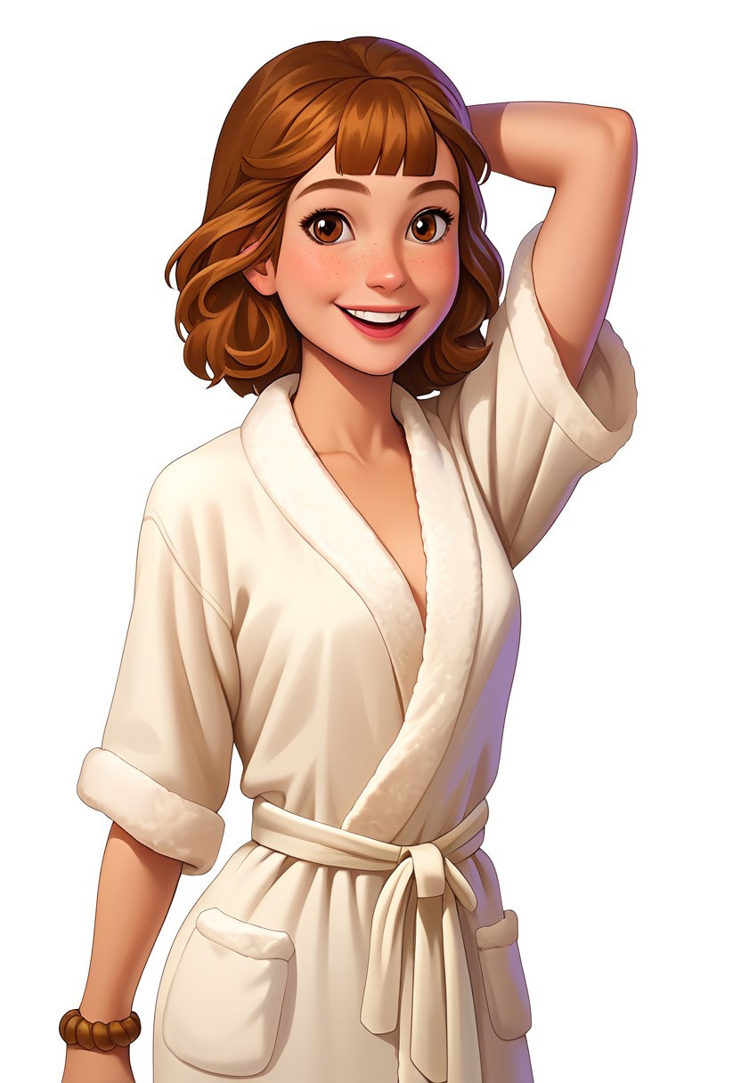 score_9, score_8_up, score_7_up, cgasfcg, masterpiece, best quality, detailed eyes, detailed face, perfect eyes, high detailed, absurdres, highres, casual game art, mobile game art, merge 3 game art, character design, Casgas, BREAK 1girl, woman, young, solo, smile, freckles, small breasts, brown medium hair with blunt bangs, brown eyes, white bathrobe, white bathrobe with a tied belt at the waist, brown bracelet on the left arm, right arm raised and bent at the elbow, left arm at the hip, looking at viewer, standing, cowboy shot, semi-sideways, half-sideways, simple background, white background