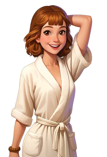 score_9, score_8_up, score_7_up, cgasfcg, masterpiece, best quality, detailed eyes, detailed face, perfect eyes, high detailed, absurdres, highres, casual game art, mobile game art, merge 3 game art, character design, Casgas, BREAK 1girl, woman, young, solo, smile, freckles, small breasts, brown medium hair with blunt bangs, brown eyes, white bathrobe, white bathrobe with a tied belt at the waist, brown bracelet on the left arm, right arm raised and bent at the elbow, left arm at the hip, looking at viewer, standing, cowboy shot, semi-sideways, half-sideways, simple background, white background