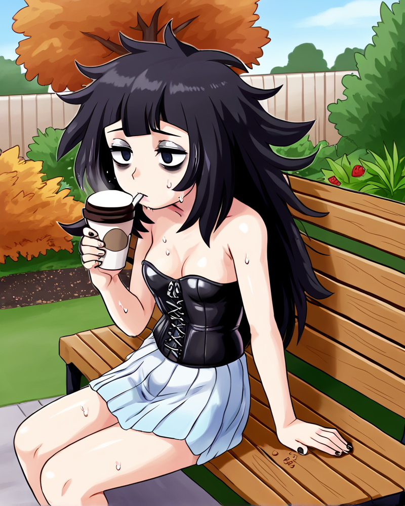 solo, goth<lora:nekomata_naomi_style_ForPony:1> Lillie (Pokemon), leather corset, sitting, bench, outside, garden, autumn, naughty, bratty, bags under eyes, messy hair, exhausted, sweat, drinking coffee