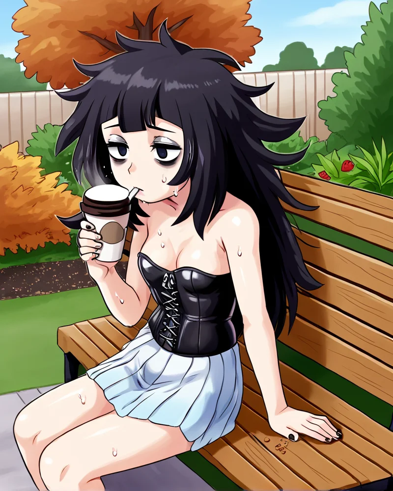 solo, goth<lora:nekomata_naomi_style_ForPony:1> Lillie (Pokemon), leather corset, sitting, bench, outside, garden, autumn, naughty, bratty, bags under eyes, messy hair, exhausted, sweat, drinking coffee