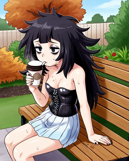 solo, goth<lora:nekomata_naomi_style_ForPony:1> Lillie (Pokemon), leather corset, sitting, bench, outside, garden, autumn, naughty, bratty, bags under eyes, messy hair, exhausted, sweat, drinking coffee