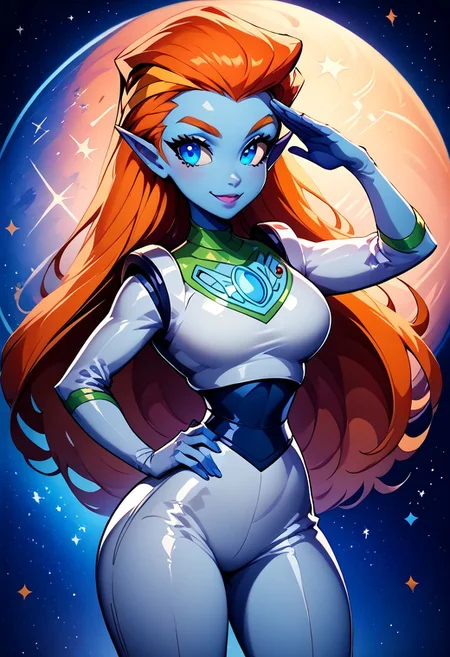 score_9, score_8_up, score_8, big breasts, (curvy), cute, eyelashes,
BREAK,
zzMira, blue eyes, blue skin, orange hair, pointy ears, white spacesuit,
cowboy shot, smile, hand on hip,
looking at viewer,
(salute:1),
BREAK,
zPDXL, Expressiveh p4st3lg0r3, pastel,
space background,