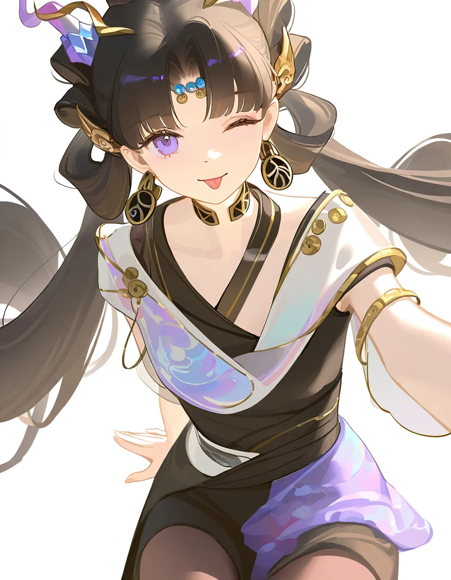chenglongxuanji,solo,1girl,looking at viewer,white backgrounds,simple background,cowboy shot,<lora:chenglongxuanji-000014:1>,sitting,one eye closed,smile,tongue out,v,, masterpiece, best quality, very aesthetic, absurdres,newest, incredibly absurdres,, (ningen mame:0.65),(tianliang duohe fangdongye:0.9),ask \(askzy\),(chen_bin:0.748),(void 0:1.1),(nixeu:0.63),(sy4:1.3),(mignon:0.677)