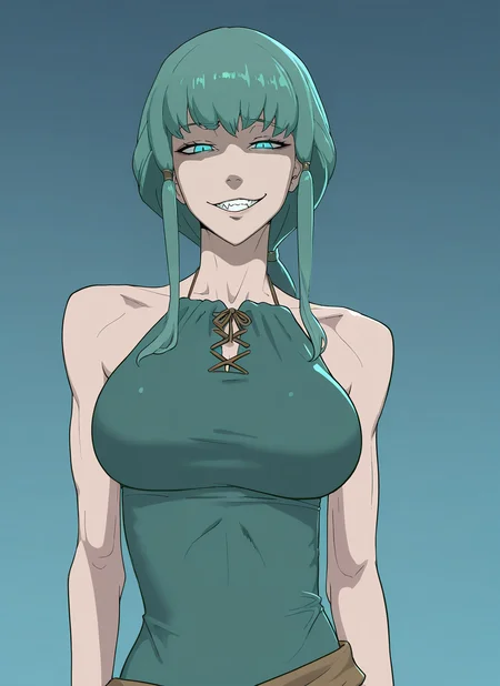 masterpiece, best quality, newest, absurdres, highres, safe, 1girl, green and blue hair, Low Ponytail with a Twist hair, large breasts, Tunic Top, evil grin, skinny, detailed, Moonlit Beach with Glistening Waves, <lora:Anaxus-style-Illustrous:1.0>