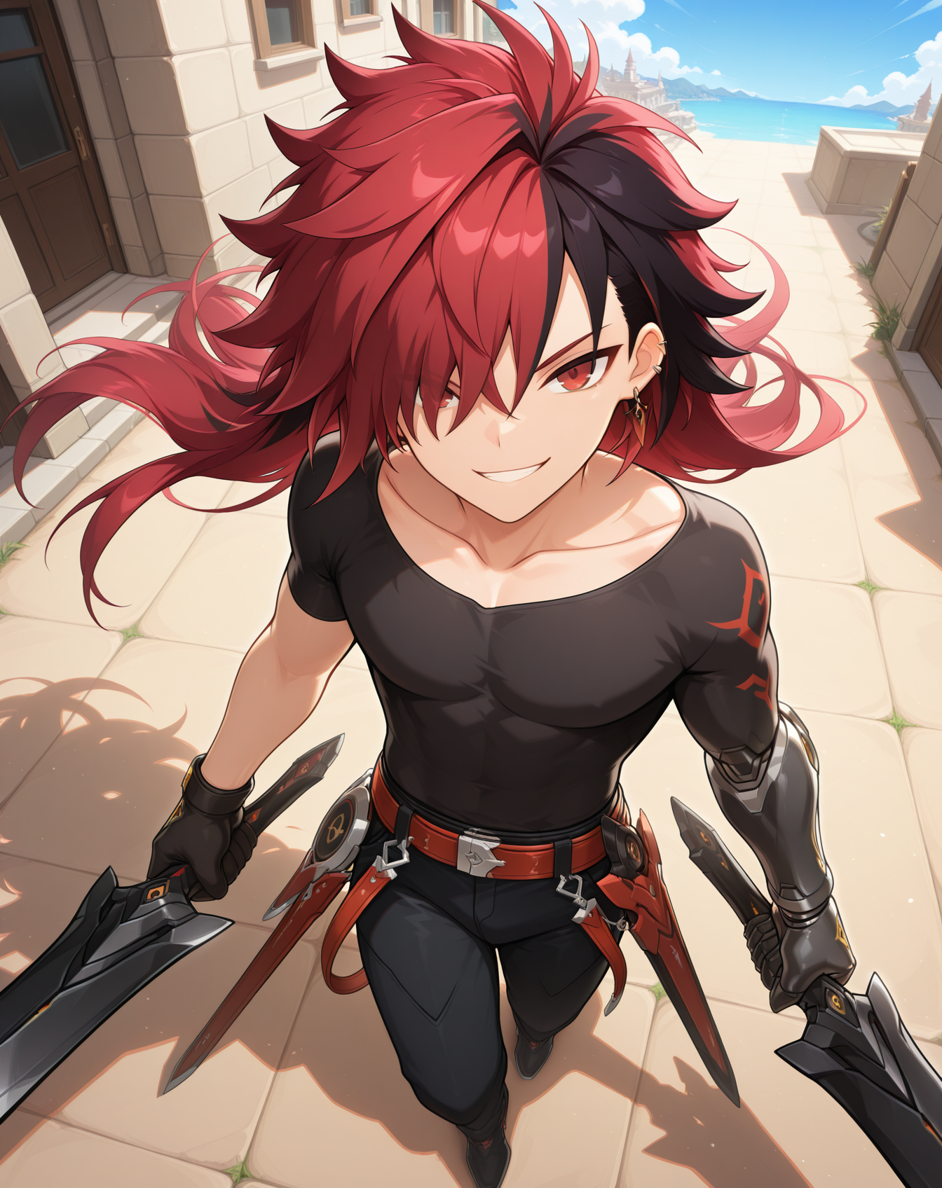 masterpiece, amazing quality, best quality, absurdres, very aesthetic,
1boy, solo, yaoi, male focus, full body, from above, standing, looking at viewer, face focus,
<lora:Elsword_Immortal_ilxl:1> elswordim, red eyes, multicolored hair, red hair, two-tone hair, black hair, long hair, streaked hair, hair over one eye,
black pants, belt, gloves, single mechanical arm, mechanical arms, collarbone, shirt, grin, jewelry, earrings,
holding weapon, holding sword, dual wielding,
outdoors, day, blue sky,