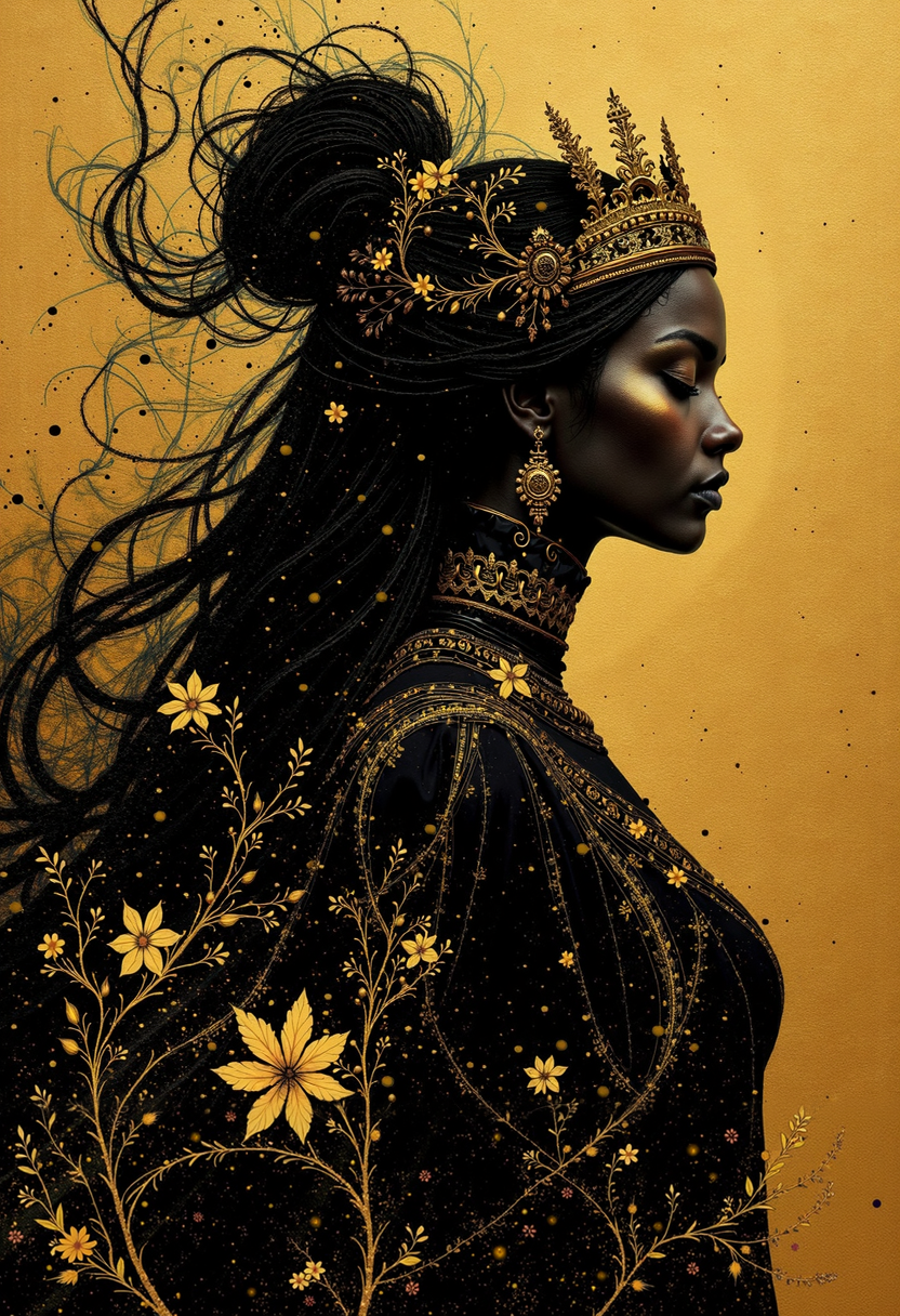 bo-golden, A dark-skinned woman, in profile view, with a crown of gold ornate details, and long, elegant black hair. The hair is depicted with gold streaks and patterns, like flowing vines and flowers. The crown and hair adornment have a textured, ornate quality, seemingly made of gold. Her eyes are closed, and she wears ornate gold earrings. She is draped in a flowing black garment, or robe, with similar gold embellishment in the form of vines and floral designs throughout the robe which flows around her figure. The background is a golden, textured, hazy backdrop, with splashes of gold and black paint, creating a sense of depth. The style is impressionistic, with a focus on mood and atmosphere more than photographic precision. The color palette is primarily golds, blacks, and deep browns. Use soft lighting and delicate lines for ornamentation. Add a few scattered gold flakes and little floral accents all throughout the image as a suggestion of a lush, ornate background. A golden and black palette with a mystical, otherworldly, and regal aura.<lora:boFLUX Golden Noir Abyss.safetensors:1.0:1.0>