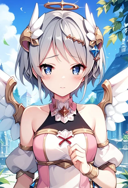 score_9, score_8_up, score_7_up, source_anime,YORI (ANGEL), 1girl, solo, looking at viewer, blush, short hair, blue eyes, hair ornament, bare shoulders, grey hair, wings, wing hair ornament