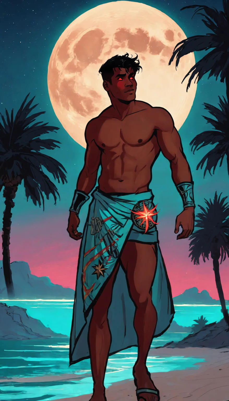 gabriel picolo, solo,1boy, muscular, pectorals, dark skin, black hair, glowing eyes, red eyes, mole under eye, wild hair, pelvic curtain, sandals, night, moon, star \(sky\), palm tree, (turquoise theme), <lora:gabriel picolo-000009:0.7>