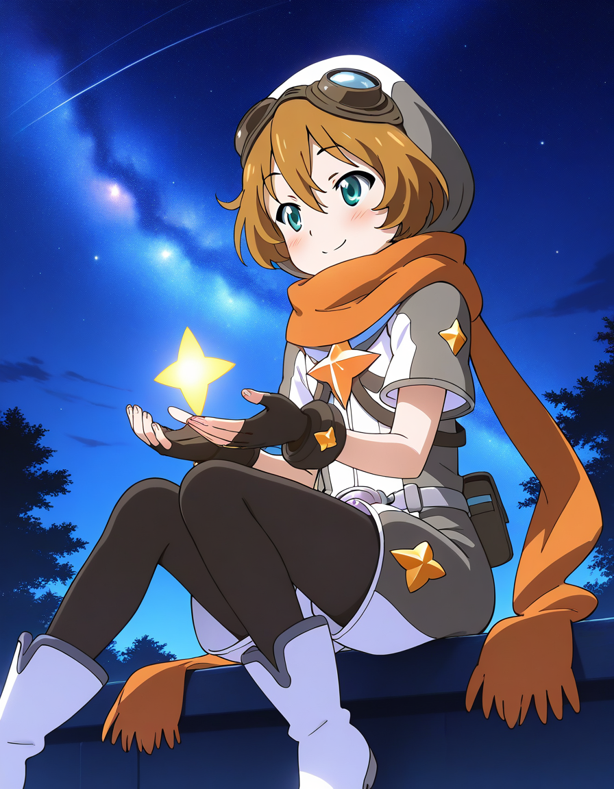general,highres, ultra-detailed,very aesthetic,best quality ,best hands,  BREAK <lora:Elnath_Houkago_no_Pleiades_IS:1> Elnath(Pleiades), 1boy,solo, scarf, goggles, brown hair, goggles on head, short hair, aqua eyes, 
fingerless gloves,  pantyhose, long hair, gloves, night, smile, sitting,
white boots, outdoors, blush,   mary janesã
galaxy, sky,