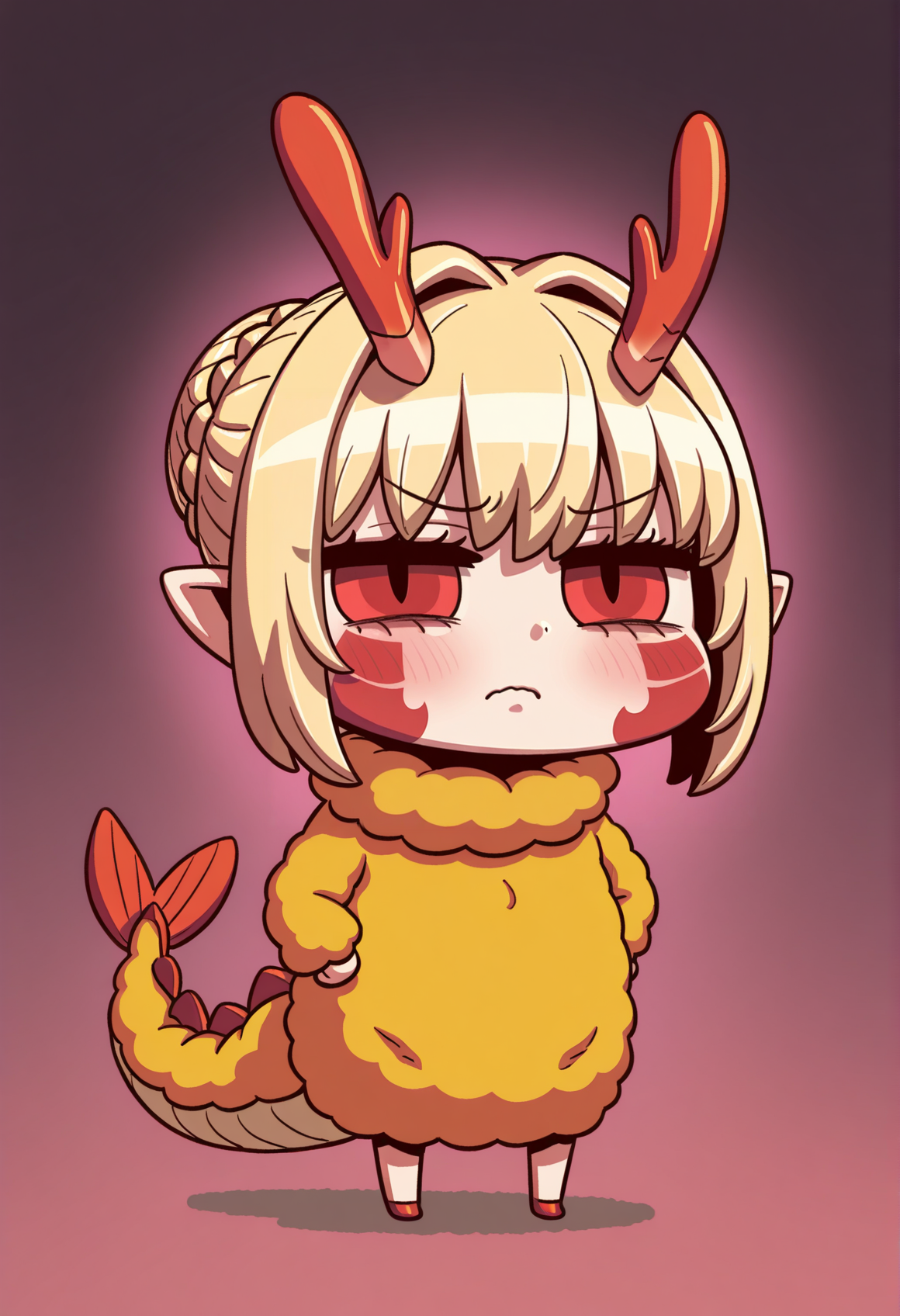 1girl, pointy ears, blonde hair, french braid, single hair bun, red eyes, facial mark, body markings, dragon tail, shrimp tempura, cosplay, costume, chibi, half-closed eyes, annoyed,  <lora:Nero_Draco_Illus:1> riyo \(lyomsnpmp\),, masterpiece, best quality, amazing quality, very aesthetic, absurdres, highres, newest