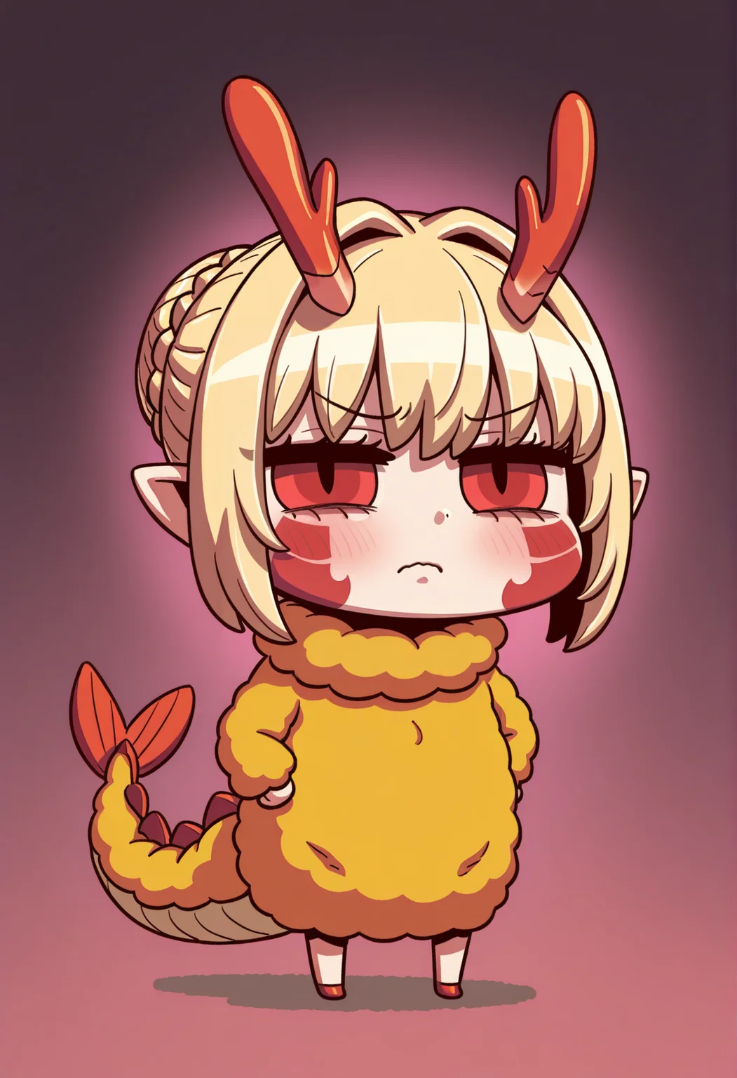 1girl, pointy ears, blonde hair, french braid, single hair bun, red eyes, facial mark, body markings, dragon tail, shrimp tempura, cosplay, costume, chibi, half-closed eyes, annoyed, <lora:Nero_Draco_Illus:1> riyo \(lyomsnpmp\),, masterpiece, best quality, amazing quality, very aesthetic, absurdres, highres, newest