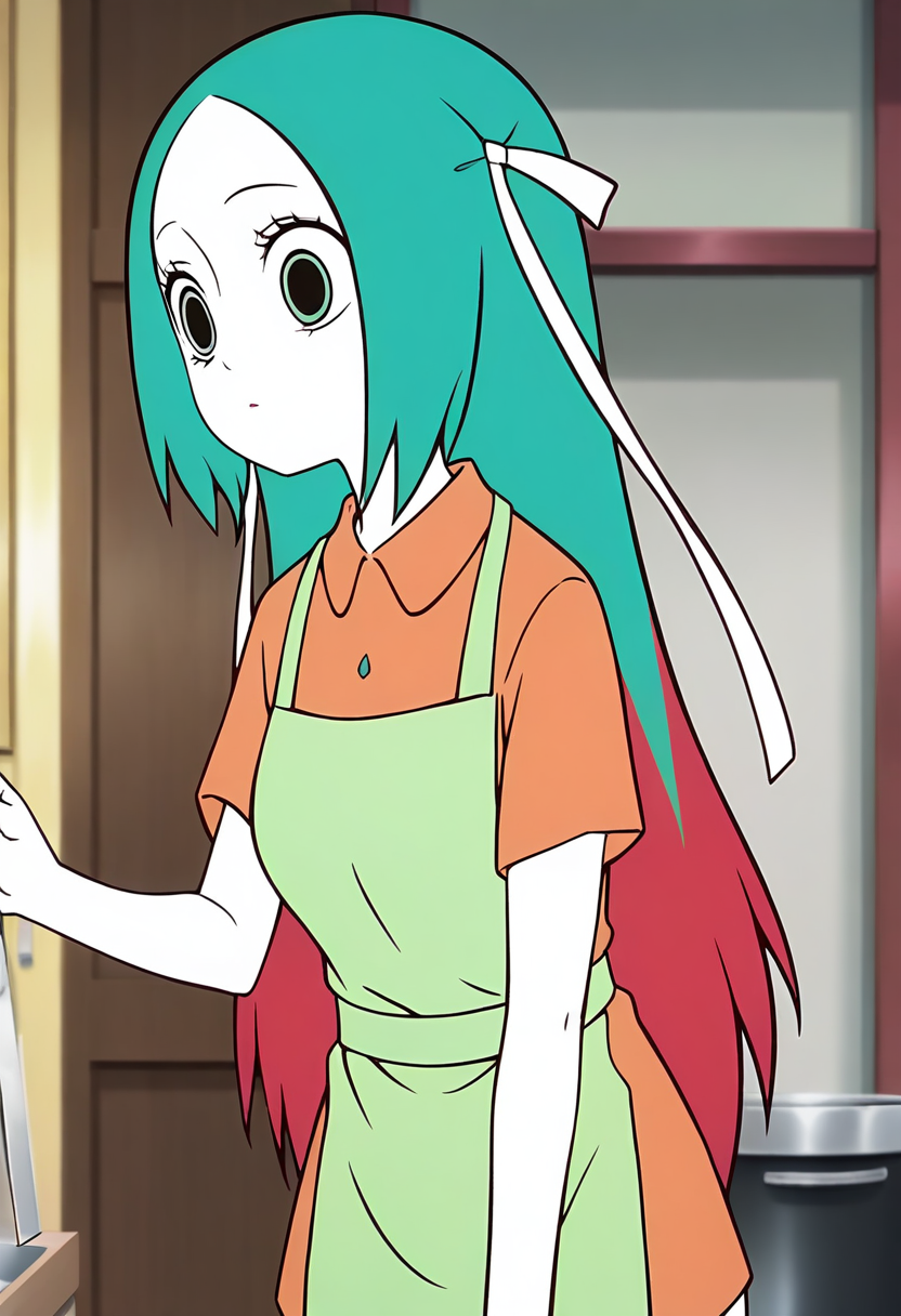 <lora:jingwei:1>,jingwei,1girl,solo,long hair,multicolored hair,red hair,green hair,hair ribbon,white ribbon,black_pulpil,white skin,
 green apron, shirt,, masterpiece,best quality,amazing quality,absurdres, anime screenshot,