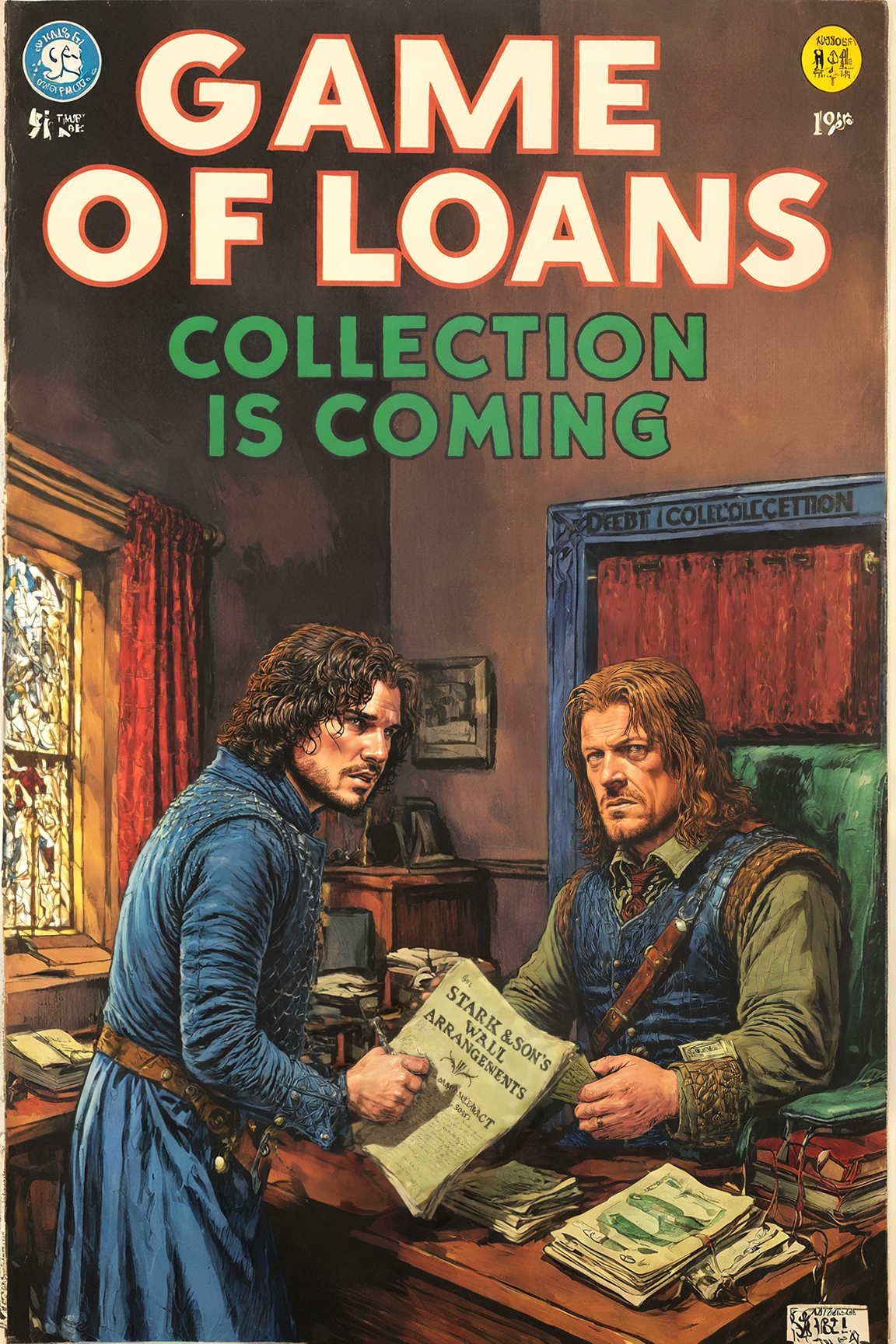 vintage comic book with the (title text: "Game of Loans" – "debt collection is coming":1.1), ned stark working as a wall street banker in a medieval style bank office, jon snow signing a contract