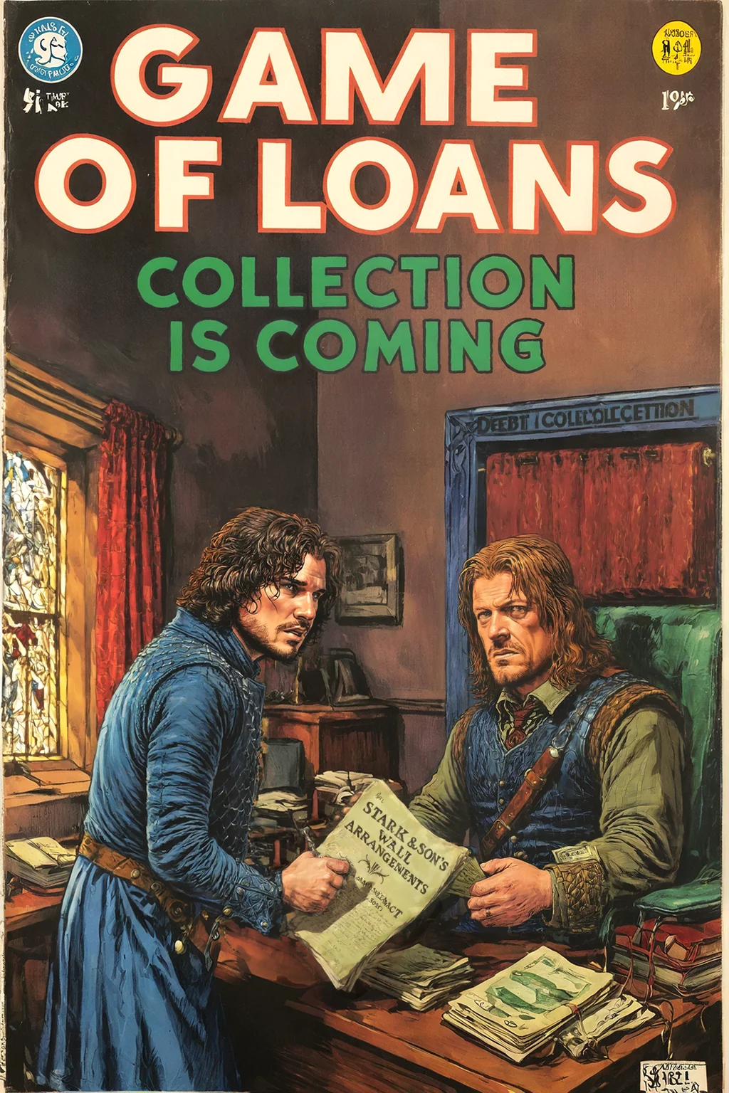 vintage comic book with the (title text: "Game of Loans" – "debt collection is coming":1.1), ned stark working as a wall street banker in a medieval style bank office, jon snow signing a contract