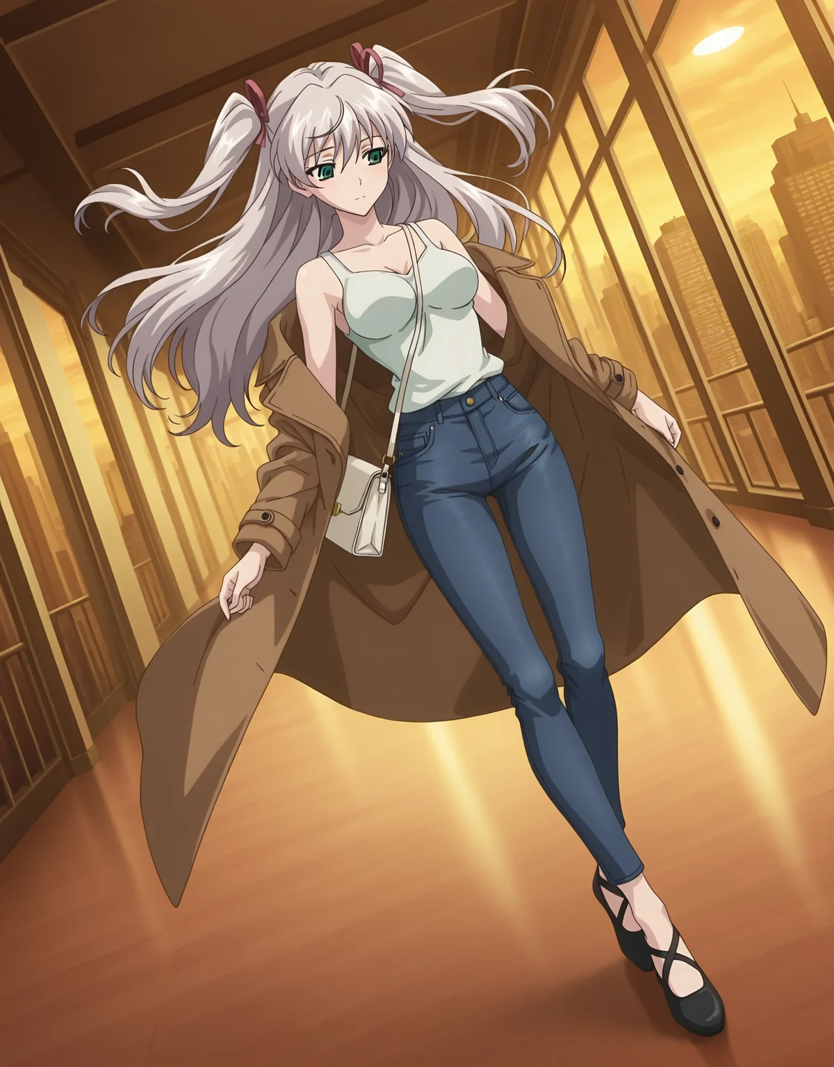 masterpiece,best quality,very aesthetic,zPDXL,2023,anime style,huge filesize,wallpaper,anime screencap,
BREAK <lora:suvia_v5-000018:0.8>,suviav5,1girl,solo,long hair,ribbon,hair ribbon,green eyes,two side up,breasts,twintails,medium breasts,grey hair,17-year-old girl,(a domineering girl:1.3),skinny,standing,dynamic_angle,dynamic_pose,close-up,macro_shot,fullbody,fashion,flat_shoes,contemporary,city,handbag,(coat:1.2),sleeveless dress,cap,ballet slippers,jeans,