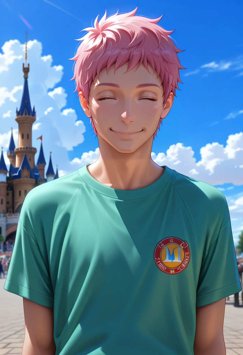 masterpiece, best quality, , (photorealistic:0.6), , 1boy, solo, male focus, <lora:renzou_shima_ilxl:0.96>, renzou_shima, pink hair, brown eyes, short hair, asymmetrical, disneyland, day, clouds, arms at sides, (closed eyes:1.2), smile,