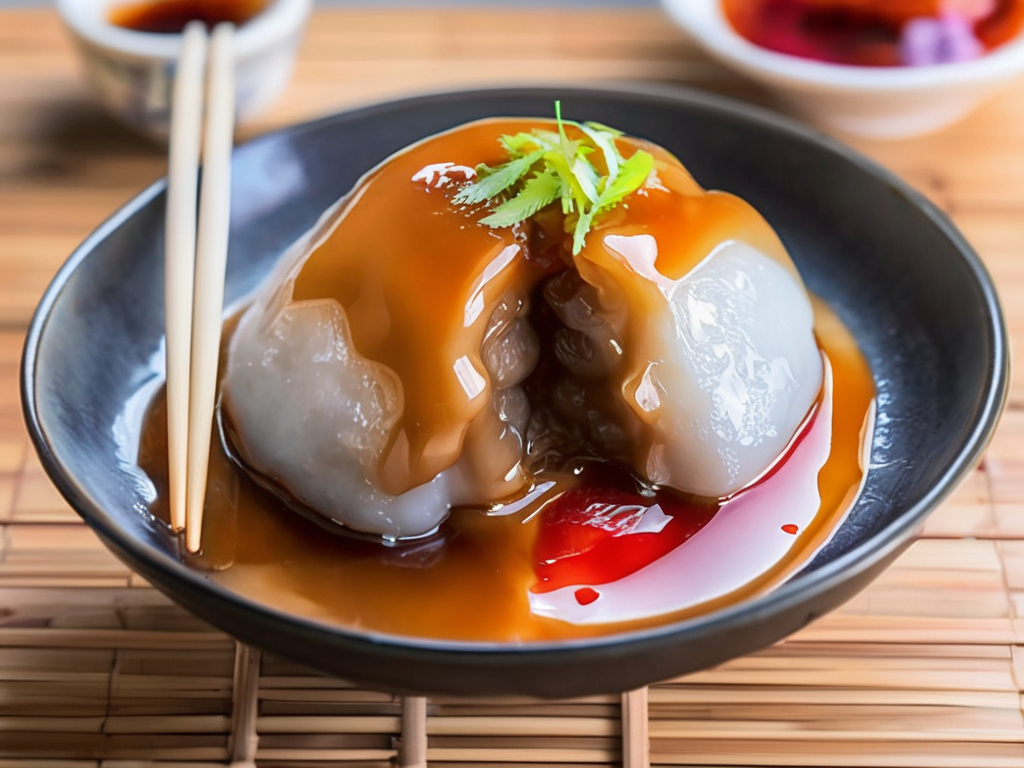 A bowl of bahuana, a traditional Asian dessert, generously topped with thick chili sauce and viscous gravy, revealing a rich filling. The Mochi is soft and chewy, with the sauces adding a vibrant color contrast and enhancing the visual appeal. The bowl is placed on a rustic wooden table, with chopsticks resting on the side. The scene should be as realistic as a high-resolution photograph, with warm and inviting lighting that highlights the appetizing qualities of the dish and the cozy atmosphere of the setting  ,<lora:bahuana:0.75>,bahuana,
