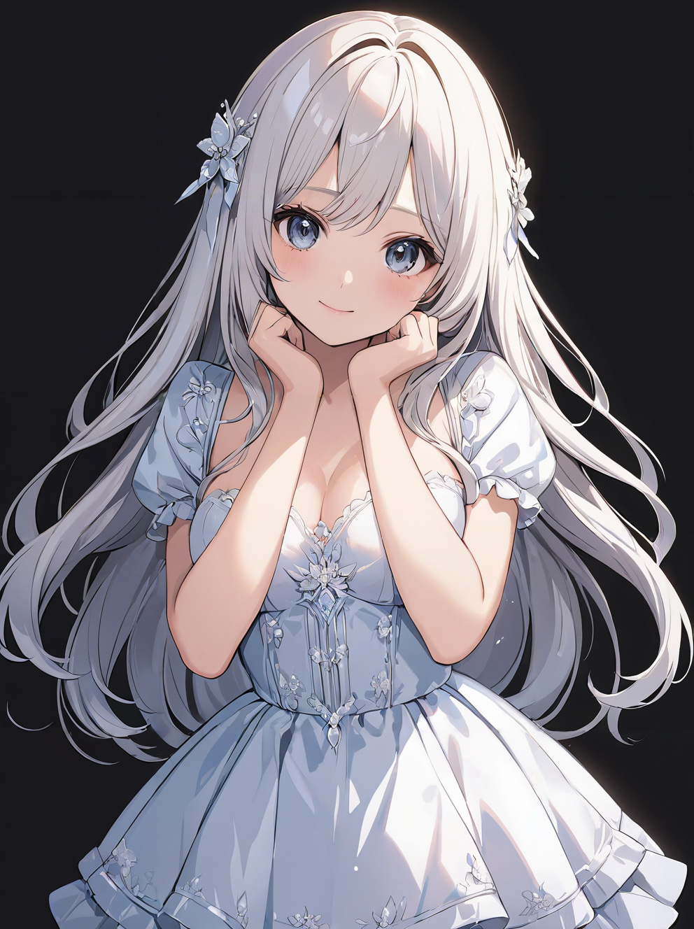 masterpiece,ultra-detailed,best quality,8K,illustration,cute face,clean skin ,shiny hair,girl,middle breasts,ultra-detailed-eyes,simple background, <lora:add-detail-xl:1>  <lora:burikko pose_XL_V1.0:1> burikko pose, hands up,dress