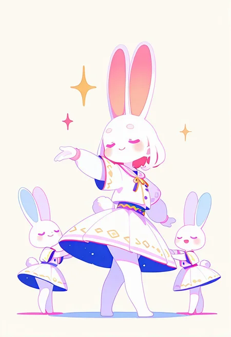 masterpiece, best quality, simple illustration, cute, <lora:add-detail-sl:1>, rabbit girl, white fur, big rabbit ears, dancing, closed eyes, happy, away, side view, full body, dressed, haiz_ai, no lineart,no outline, vivid colors,