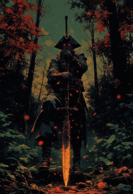 Solitary pirate, dense autumn forest, musket and great sword, tarnished silver chain, glowing life magic gem, forgotten altar, fallen leaves and moss, ancient chant, forest spirits, lost treasure.
, the dark and moody background adds a dramatic tone, with subtle lighting highlighting metallic surfaces