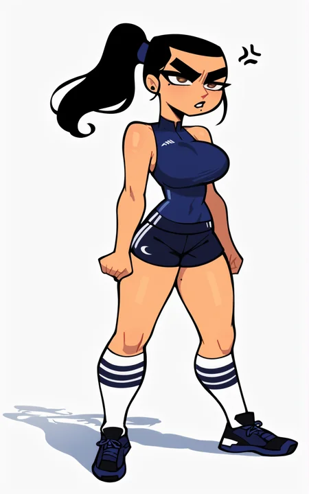 score_9, score_8_up, score_7_up,((best quality)), absurdres,((full body)),  <lora:3d-2d:0.8>, <lora:EvaPXL:0.8>,EvaPXL,ponytail, black hair, mole under mouth, mole, brown eyes, breasts,large breast, unibrow, thick eyebrows,shorts, sportswear, socks, white socks, sleeveless, kneehighs, blue shorts, black footwear,white background,slim,blue clothes,standing,solo,annoyed