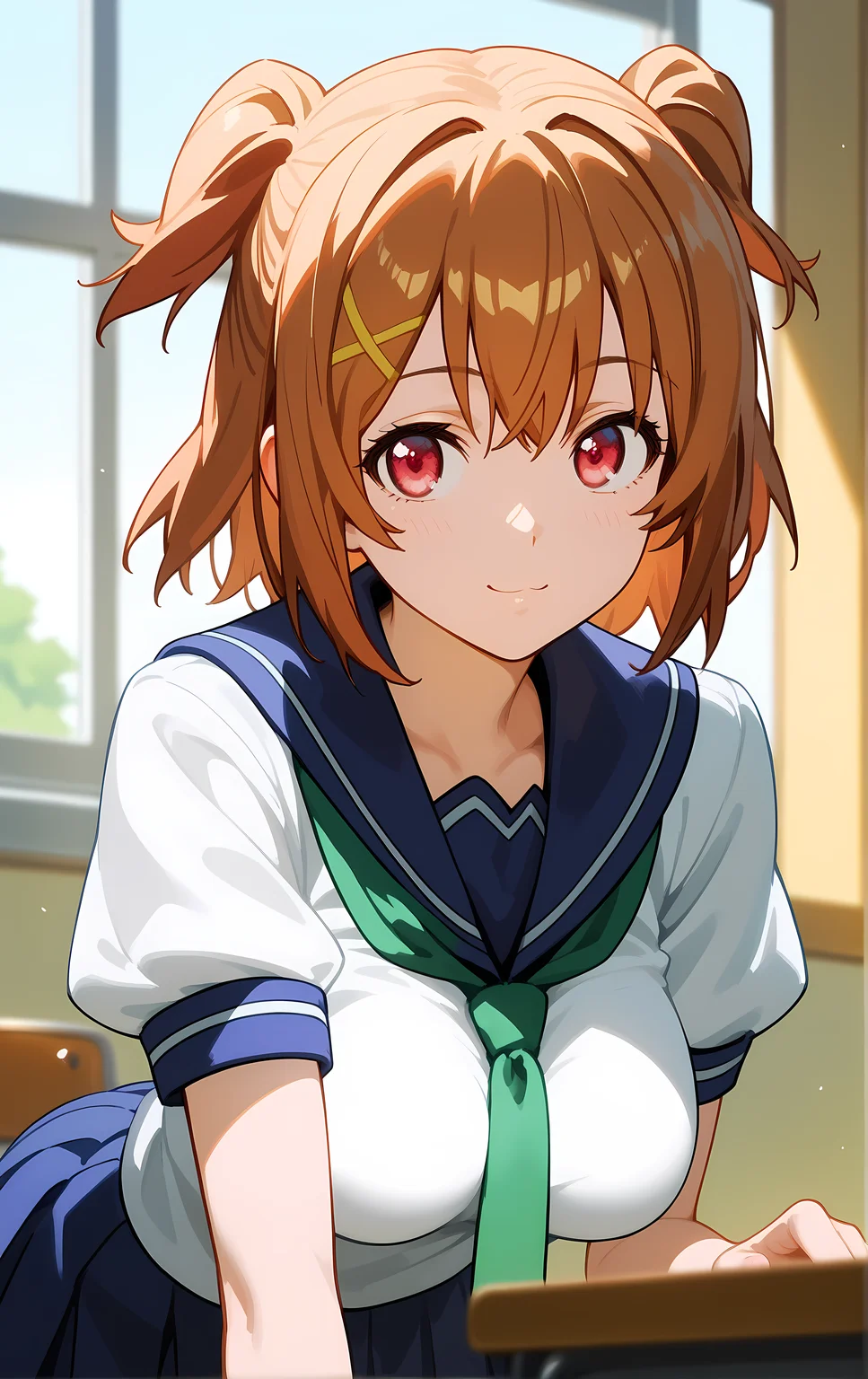 (score_9, score_8_up, score_7_up), 1girl, window, sunlight, classroom,
leaning forward, looking at viewer, closed mouth, light smile, tight clothes, close-up,
ohwx, 1girl, solo, breasts, brown_hair, large_breasts, short_hair, two_side_up, pink_eyes, red_eyes, school uniform,
<lora:kushiya_inaho_pony_ss:1>