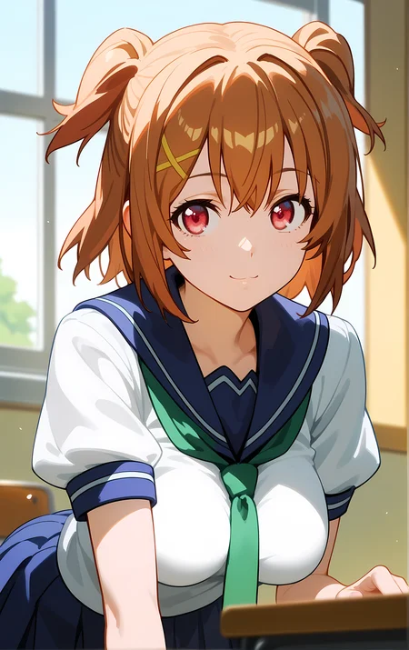 (score_9, score_8_up, score_7_up), 1girl, window, sunlight, classroom,
leaning forward, looking at viewer, closed mouth, light smile, tight clothes, close-up,
ohwx, 1girl, solo, breasts, brown_hair, large_breasts, short_hair, two_side_up, pink_eyes, red_eyes, school uniform,
<lora:kushiya_inaho_pony_ss:1>