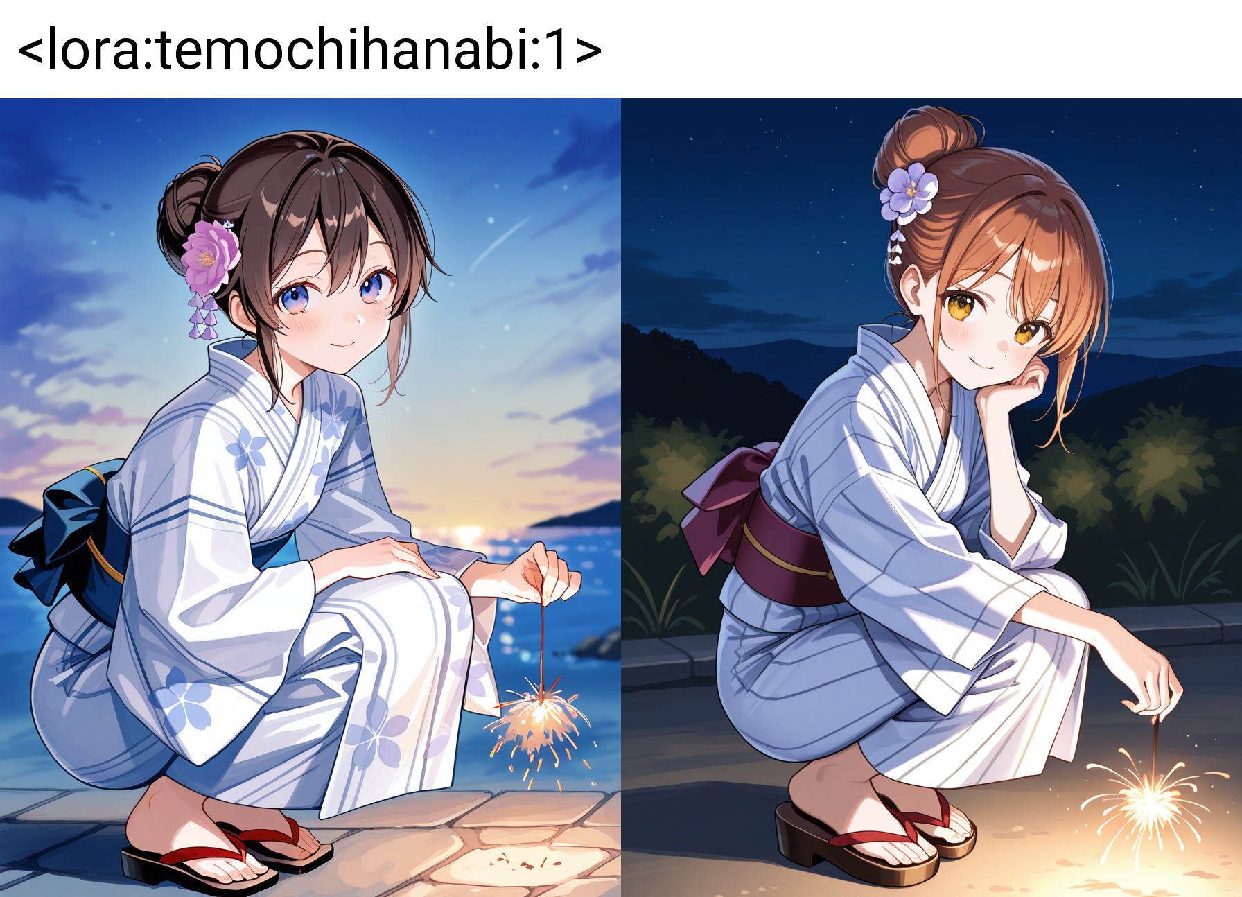 score_7_up, anime, solo, 1girl, one girl, 
<lora:temochihanabi:1>, temochihanabi, 
1girl, solo, squatting, smile, sparkler, hair ornament, sky, yukata, sandals, looking at viewer, outdoors, single hair bun, sash, night, hair bun, obi
(masterpiece:1.3), best quality, high resolution, unity 8k wallpaper, extremely detailed CG, 8K, (watercolor \(medium\), muted color, sketch:1.1), perfect anatomy, highly finished, masterpiece, best quality, high quality, amazing quality, great quality, very aesthetic, ultra detailed, highres, absurdres, highly detailed, highly detailed background,