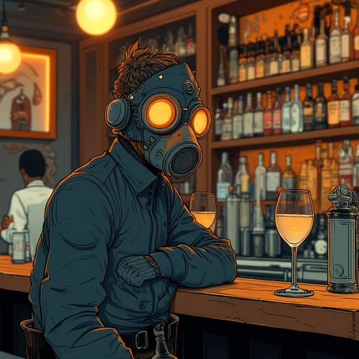 a man in a gas mask is sitting at a bar