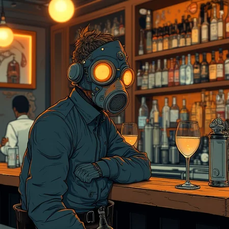 a man in a gas mask is sitting at a bar