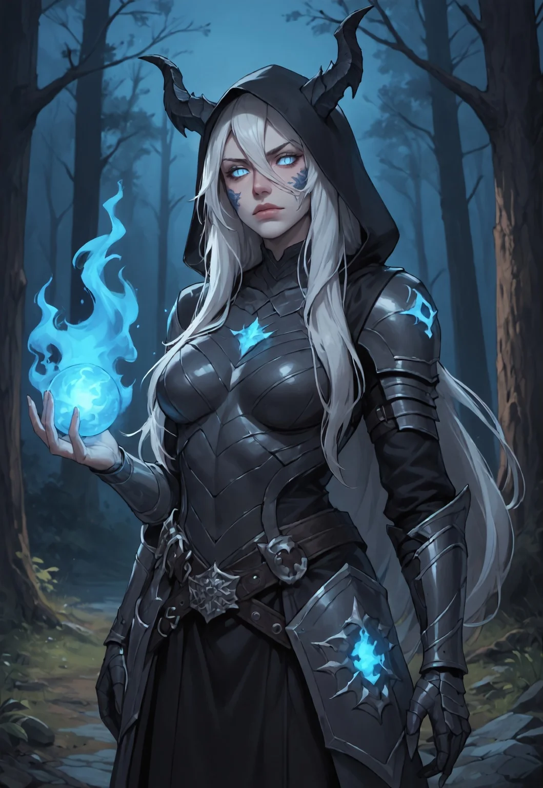 safe_pos, ((zPDXL3)), score_9, score_8_up, score_7_up, score_6_up, score_5_up, score_4_up,
1girl, solo, Adult Woman, Slender Build, pale skin, very-long hair, wild hair, hair between eyes, looking at viewer, pale blue eyes, slit pupils, black pupils, plain expression, medium breast, white hair, (extremely detailed face and eyes), closed mouth, collarbone, outdoors, tree, night, nature, leather armor, forest, in tree, hood, fur cloak, horns, large horns, jewelry on horns, face scales, neck scales, shoulder scales, casting spell, blue energy, blue ball, glowing blue fire, blue scales, black dragon, dragon girl,