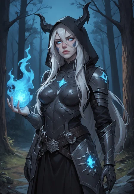 safe_pos, ((zPDXL3)), score_9, score_8_up, score_7_up, score_6_up, score_5_up, score_4_up,
1girl, solo, Adult Woman, Slender Build, pale skin, very-long hair, wild hair, hair between eyes, looking at viewer, pale blue eyes, slit pupils, black pupils, plain expression, medium breast, white hair, (extremely detailed face and eyes), closed mouth, collarbone, outdoors, tree, night, nature, leather armor, forest, in tree, hood, fur cloak, horns, large horns, jewelry on horns, face scales, neck scales, shoulder scales, casting spell, blue energy, blue ball, glowing blue fire, blue scales, black dragon, dragon girl,
