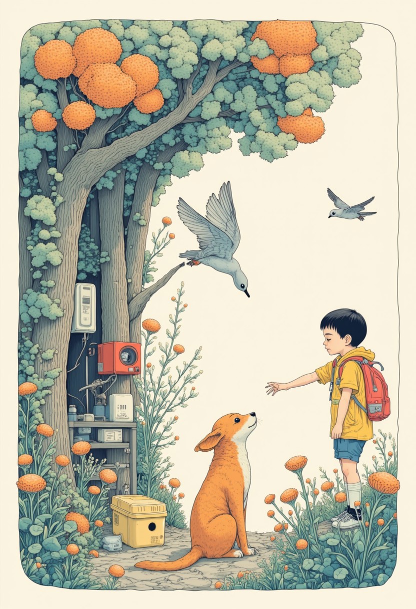 A small boy, trembling with excitement and instinctual caution, extends his hand to offer food to a bird or a shy animal. In Shinto thought, this moment is more than childlike wonder—it is a sacred exchange with the kami of the creature, a connection between human and nature. The boy’s joy is tinged with the primal thrill of vulnerability, a fleeting awareness of the balance between life as giver and life as taker. This interaction becomes a dance of trust, a quiet acknowledgment of the interconnected spirit that flows between all living things.