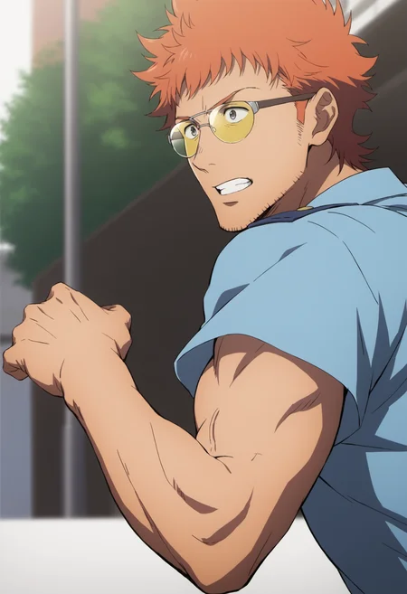 1boys, tetsutotsumura_summertime, stubble,orange hair, short hair, stubble, gray eyes, police uniform, tight blue shirt, sunglass, ((veiny arms)), score_8_up, score_7_up, score_6_up, score_9,manly, muscular, middle-age man, a man in street, modern, shop, streetlamp, centered, face_focus, detailed eyes, 8k uhd, high quality, anime color, side view, running, dynamic angle