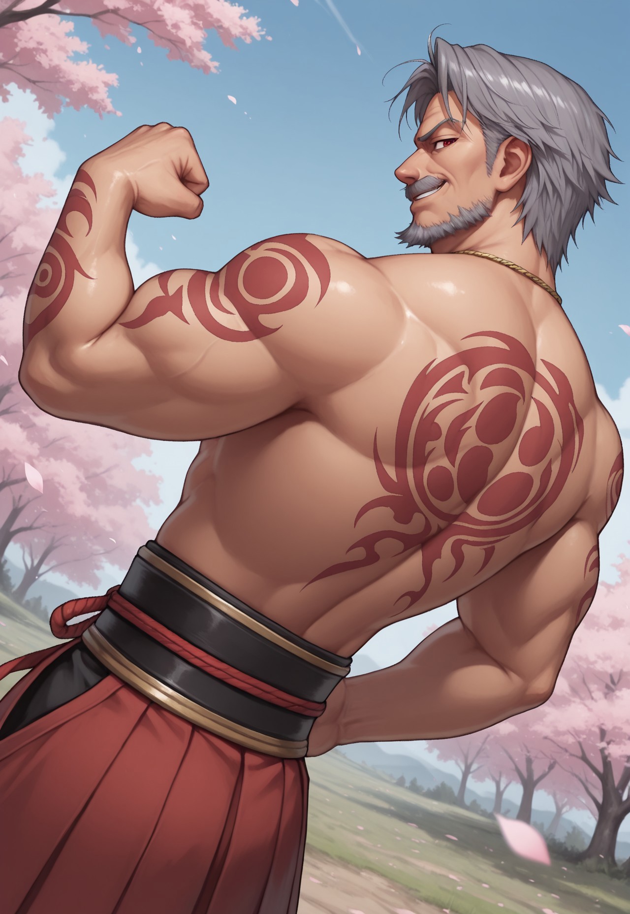 masterpiece, best quality, amazing quality, AdrayLasbard, mature male, grey hair, short hair, red eyes, facial hair, mustache, necklace, shirtless, muscular, arm tattoos, belt, red hakama, upper body, detailed background, dynamic pose, open field, sakura trees, blue sky, dutch angle, petals on the wind, looking at viewer, smirk, cowboy shot, from behind, back tattoo, flexing, striking a pose, one hand on hip, side view,